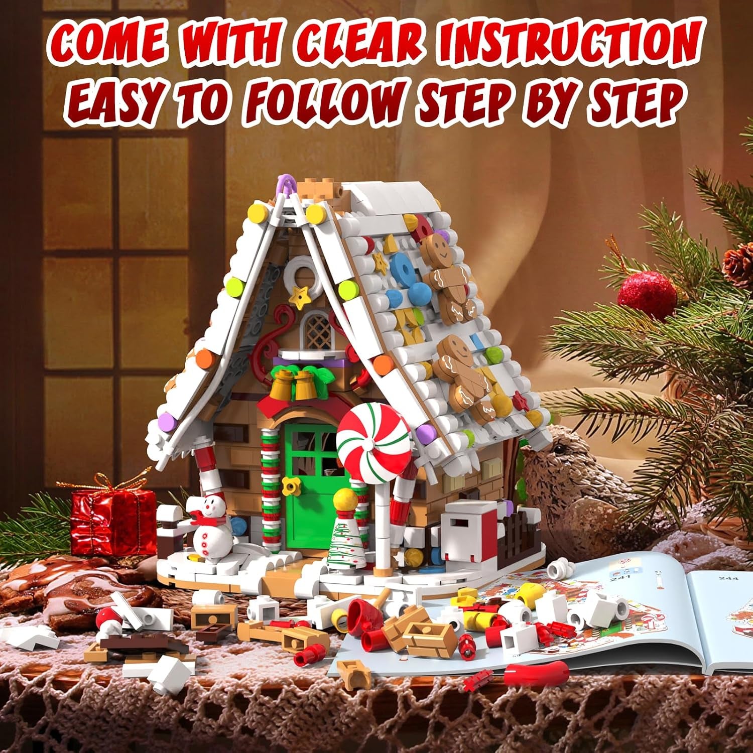 Gingerbread House Building Set with Light Kit, Large Christmas Village Gingerbread House Compatible with Legos, Inspired Stocking Stuffer or Holiday Decor for Kids or Adults(916Pcs)