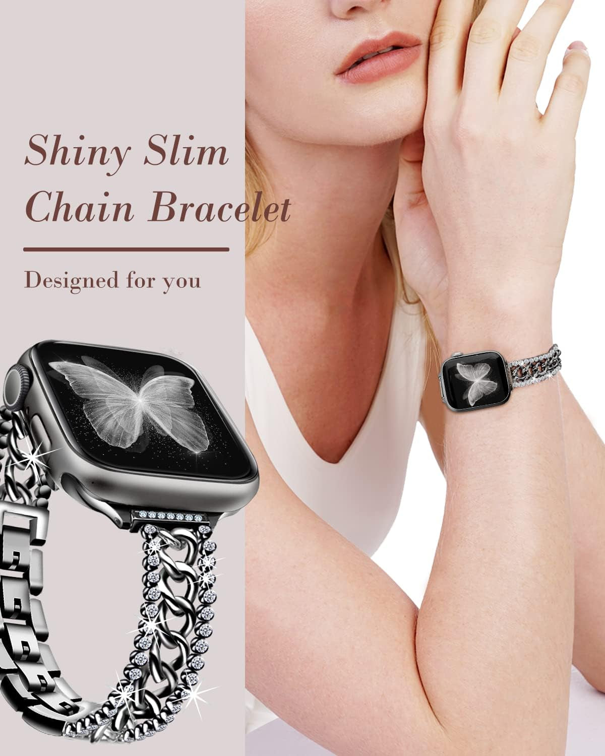 Bling Chain Bands Compatible with Apple Watch Series 8 Band 41Mm 40 Mm 38Mm, Women Luxury Dressy Glitter Diamond Rhinestone Stainless Steel Metal Bracelet for Iwatch Series 7/6/5/4/3/2/1/SE