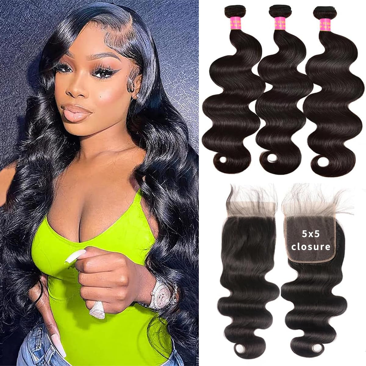 10A Human Hair Bundles 3 Bundles with 5X5 Hd Lace Closure （18 20 22+16）Body Wave Bundles Human Hair 100% Unprocessed Brazilian Virgin Body Wave Human Hair Weave Bundles with Closure Natural Color