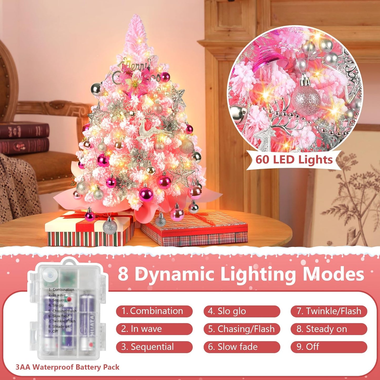 2FT Mini Flocked Pink Christmas Tree, Small Christmas Tree with Lights, Prelit Tabletop Christmas Tree with 100 Branch Tips and 40+ DIY Ornaments, Christmas Decorations Indoor and Gifts for Men Women