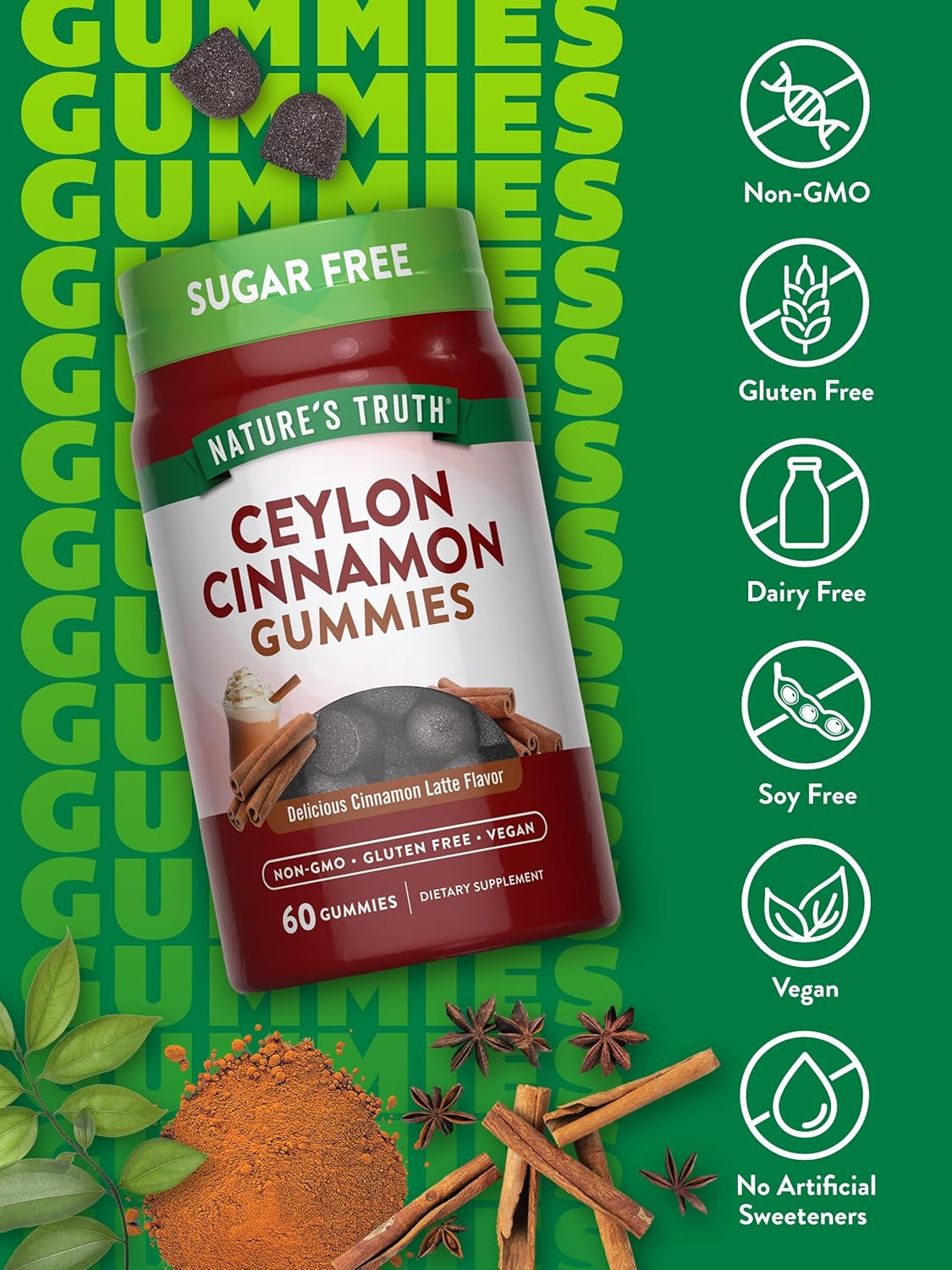 Ceylon Cinnamon Gummies | 2000Mg | Sugar Free | 60 Count | Vegan, Non-Gmo & Gluten Free Supplement TLBH