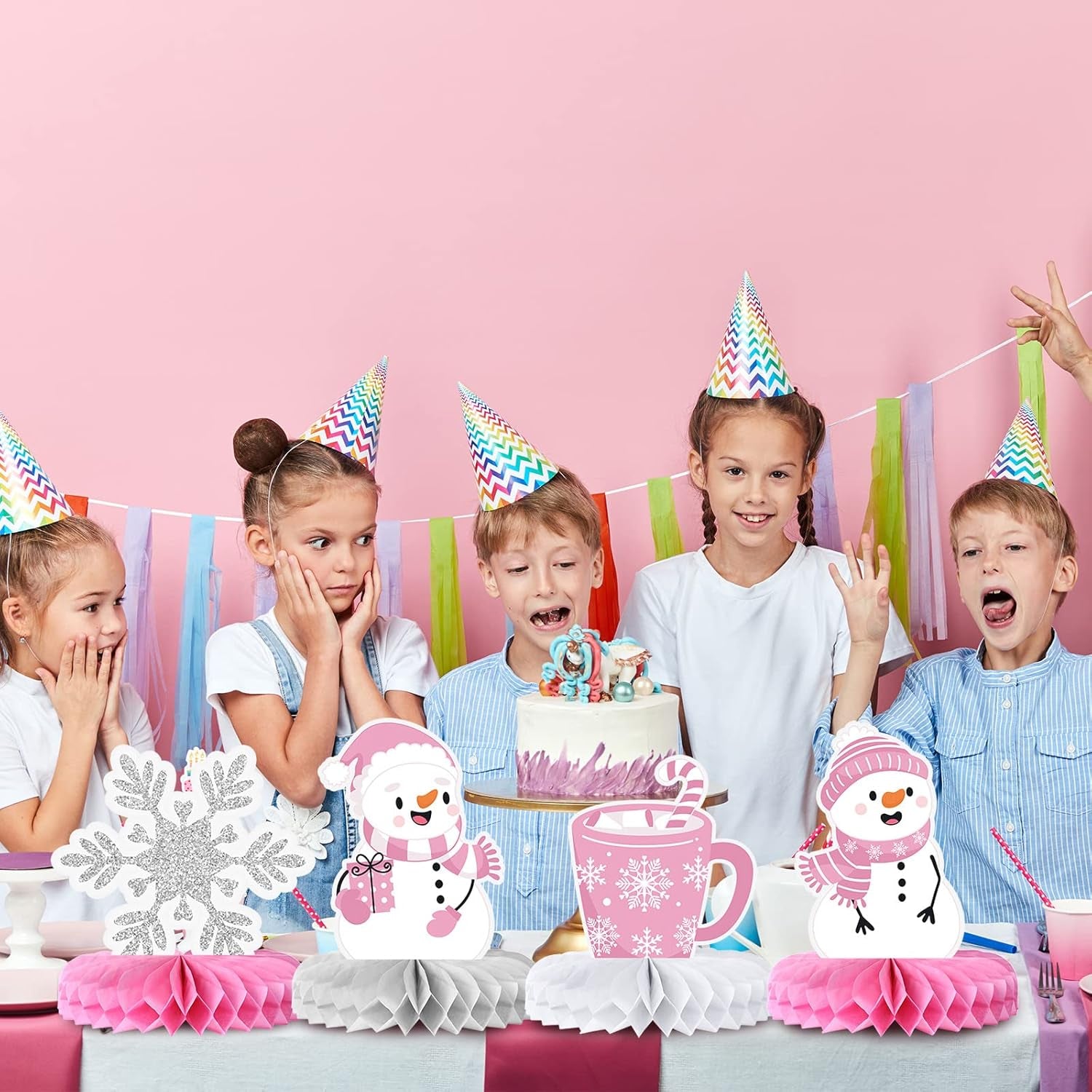 9 Pcs Winter Table Honeycomb Centerpieces Snowflake Honeycomb Party Decorations Winter Party Centerpieces for Winter Theme Christmas Birthday Baby Shower Party Supplies (Pink)