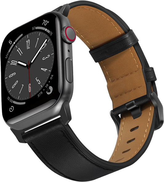Compatible with Apple Watch Band 41Mm 40Mm 38Mm Men Women, Top Grain Genuine Leather Band Strap for Iwatch Series 9 8 7 6 5 4 3 2 1 SE, Black/Black