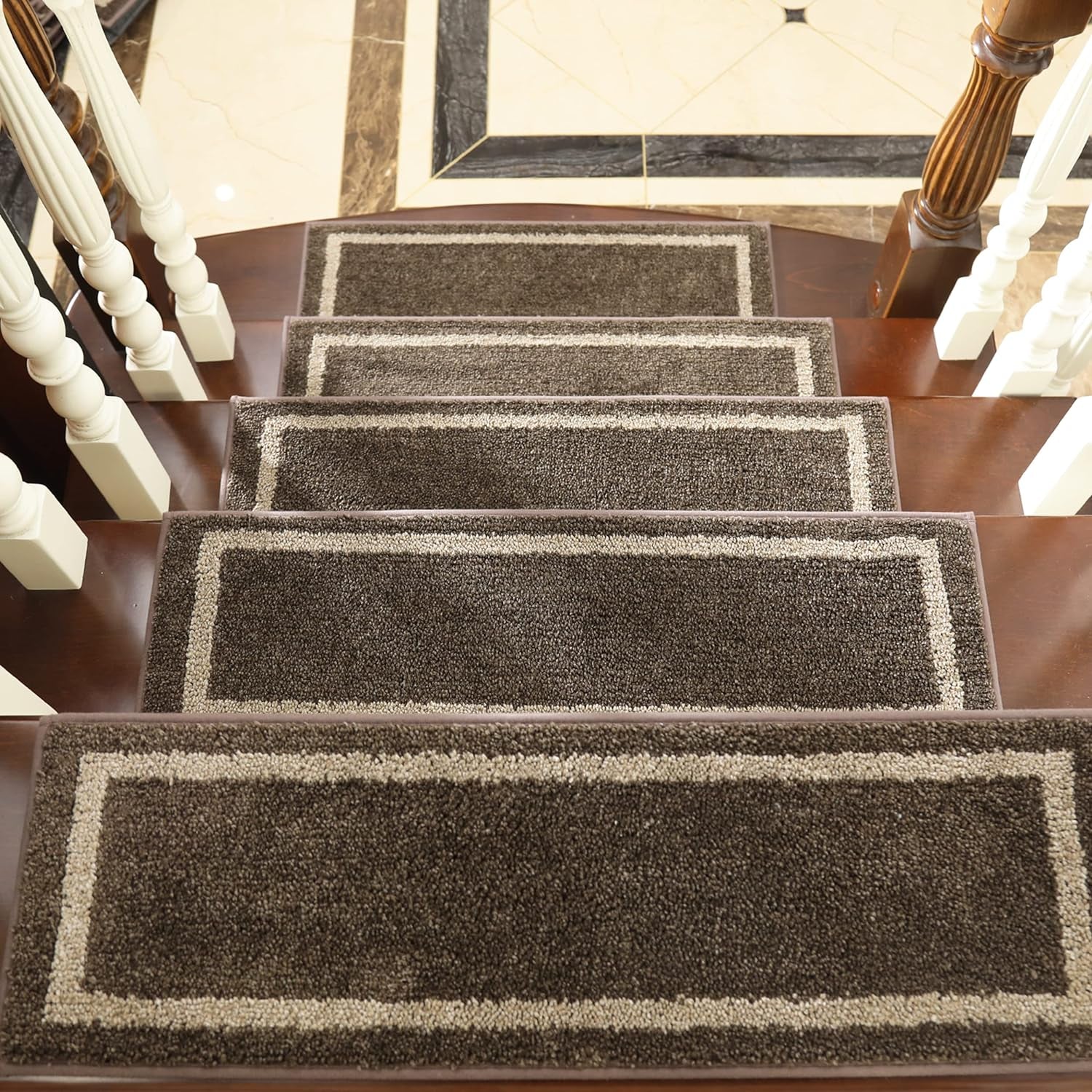 Soft Stair Treads Non-Slip Carpet Mat 28Inx9In Indoor Stair Runners for Wooden Steps,Stair Rugs for Kids and Dogs, 100% Polyester TPE Backing 10Pcs,Brown,Square