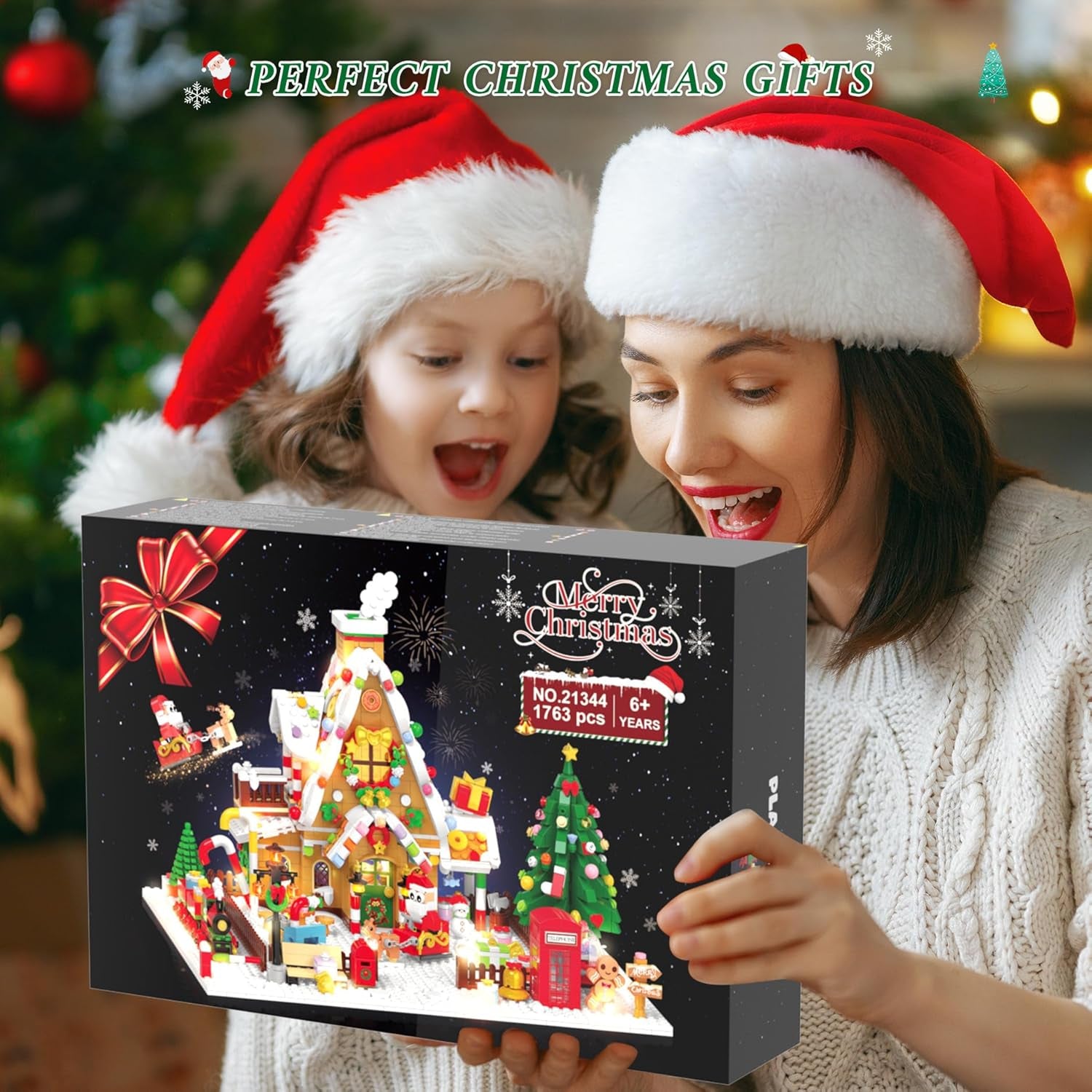 Christmas Gingerbread House Mini Building Set with LED Light, 1763 PCS Christmas Courtyard Building Block Toy with Santa Claus Xmas Tree Train Home Decor, Gift for Adult Kids Girls Boys 10+