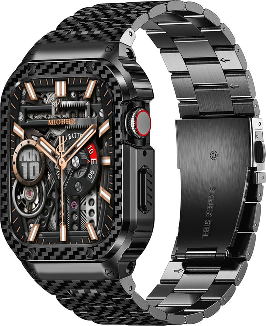 Stainless Steel Band and Case Compatible with Apple Watch Band 41Mm 40Mm 38Mm, Men Metal Protective Bumper Cover for Iwatch Series SE 9/8/7/6/5/4/3/2/1, Black Pattern