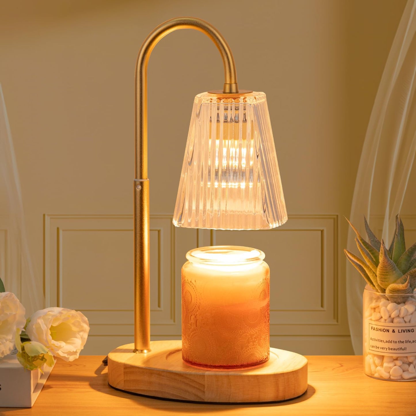 Candle Warmer Lamp - Dimmable Wax Melt Warmer with Amber Lampshade and 2 Bulbs for House Warming, Bedroom Decor