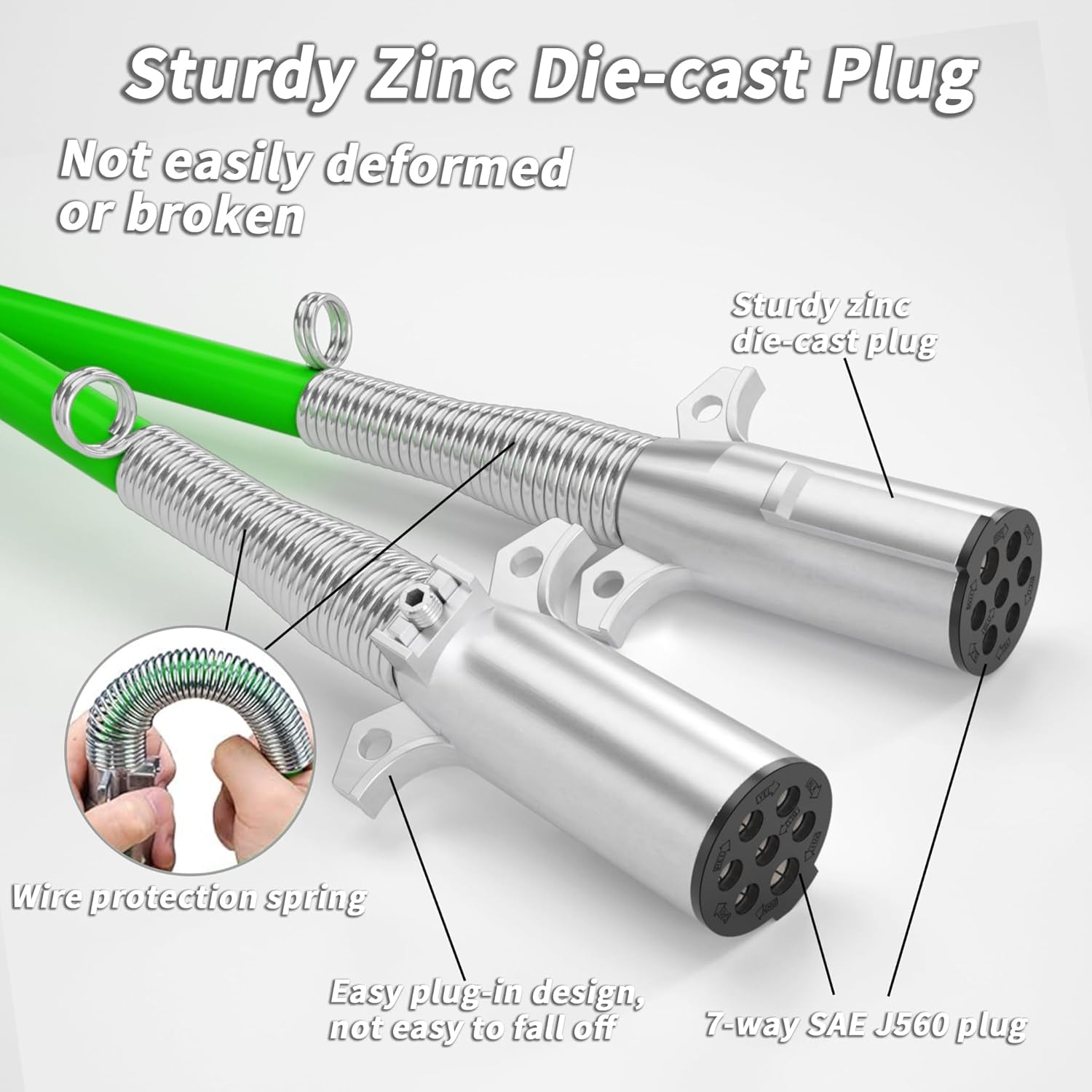 7 Way Trailer Cord 12 FT ABS Heavey Duty, Flexible -85°F Cold Resistance Straight Electrical Power Cable Green for Semi Trailers Trucks Tractors, 4/12+2/10+1/8 Gauge Wire Cable