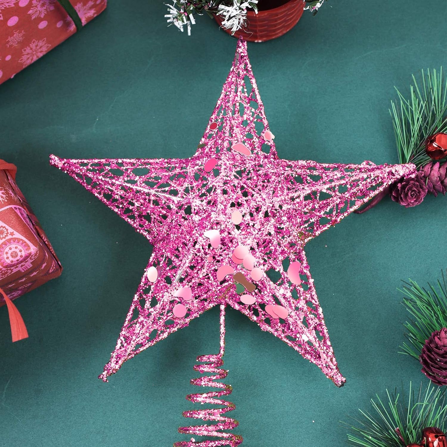 Glittered Christmas Tree Topper Metal Christmas Treetop Hallow Wire Star Topper for Christmas Home Decoration (8 Inches, Pink)