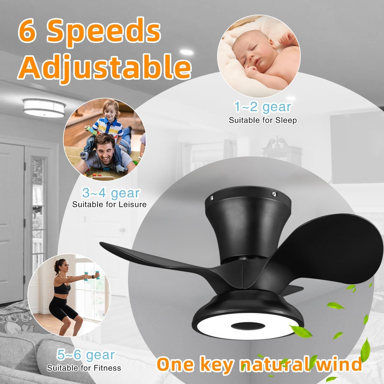 Smart Wifi Flush Mount Ceiling Fan with Lights,Bluetooth Ceiling Fan with Speaker and Remote/App/Alexa Control,Dimmable RGB Light,Low Profile 6 Speeds Reversible Blades for Bedroom Kitchen Living Room