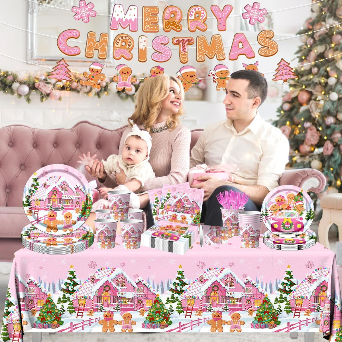 142Pcs Gingerbread Christmas Tableware Party Decorations Gingerbread Man Winter Christmas Holiday Party Supplies Pink Cookie House Family Gathering Disposable Banner,Plates,Napkins and Tablecloth