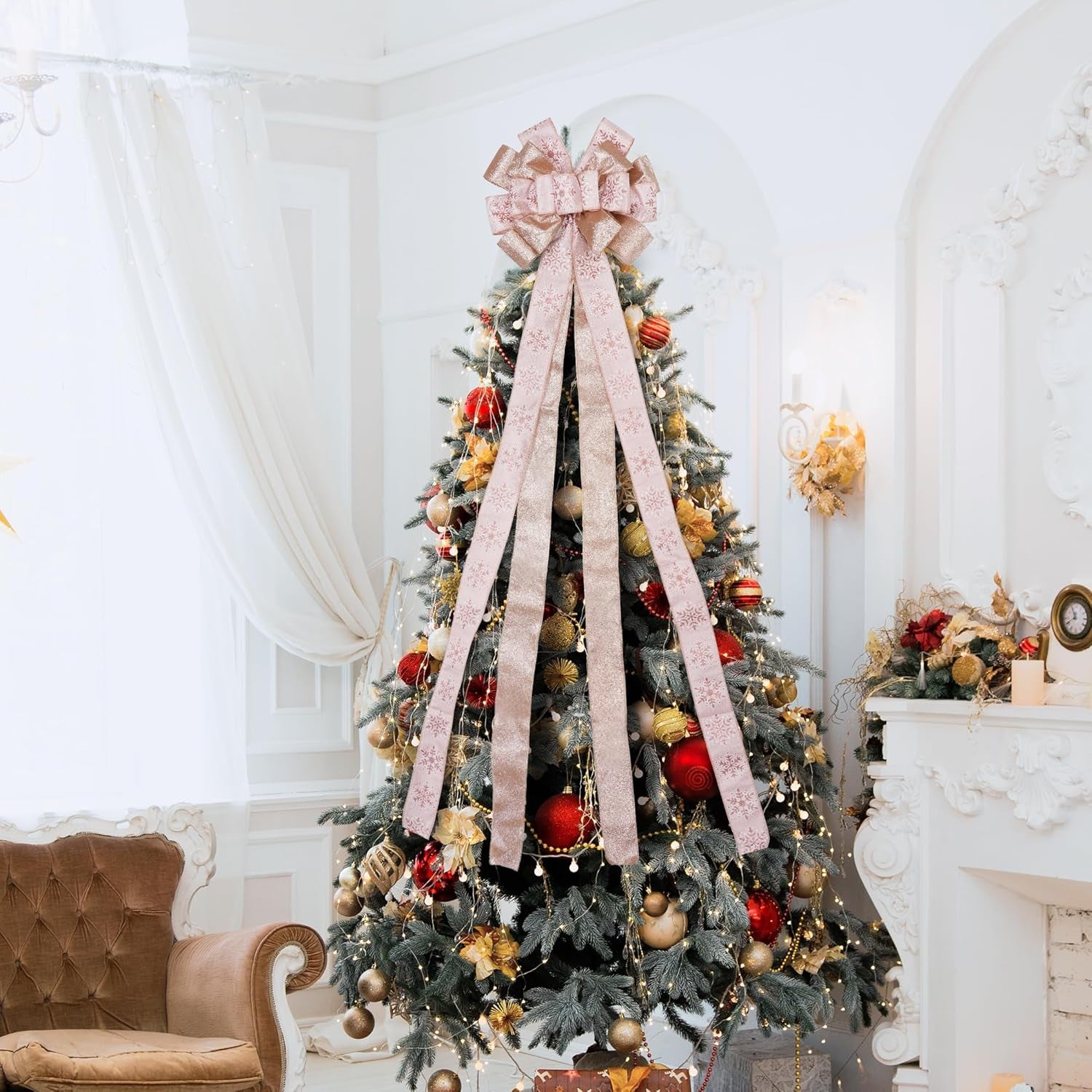 Christmas Tree Topper, 40X13 Inches Toppers Bow with Glitter Satin Mesh Streamer and Patterned Ribbon, Christmas Tree Topper Bow for Christmas Home Decoration (Rose Gold)