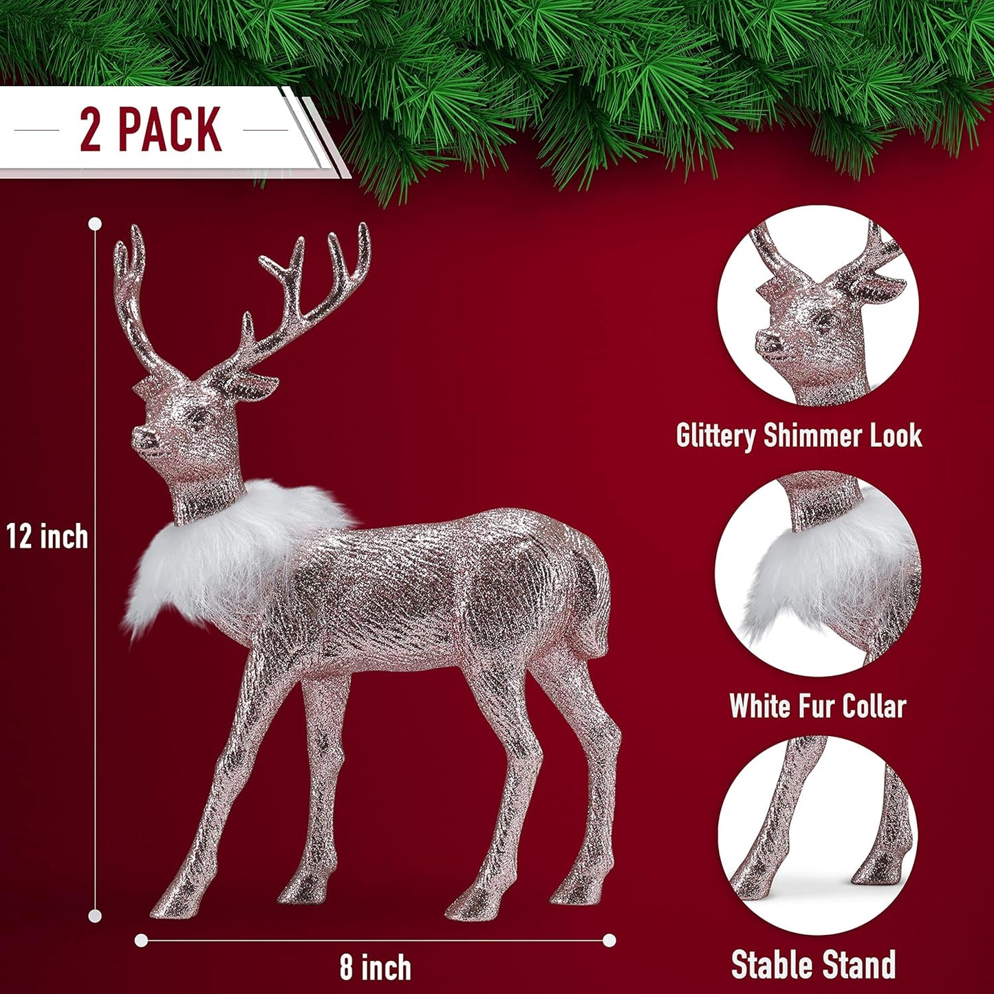 Rose Glitter Christmas Reindeer - Xmas Holiday Party Deer Figurine Statues Dinner Tabletop Decorations Centerpiece Mantle - 12" Pack of 2