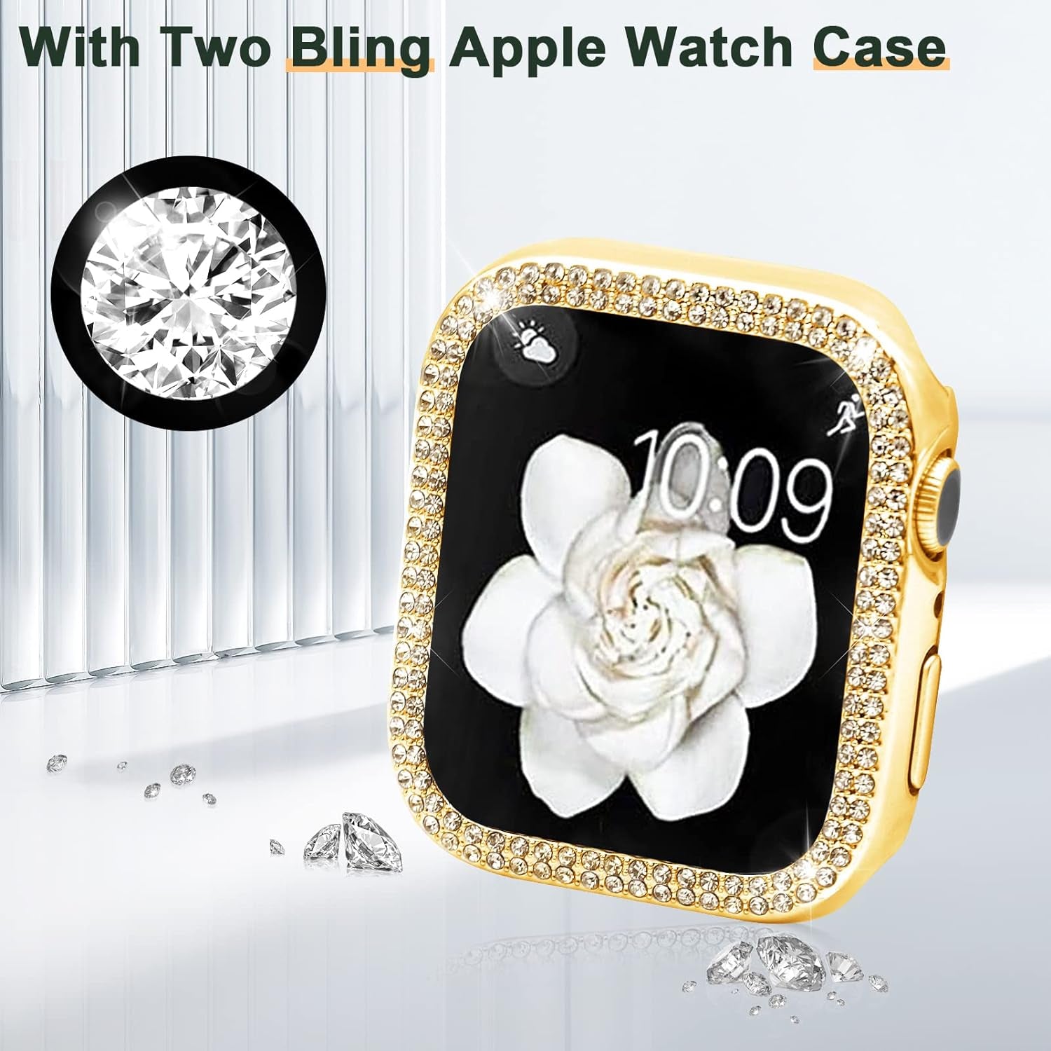 Compatible with Apple Watch Band 38Mm 40Mm 41Mm 42Mm 44Mm 45Mm 49Mm with 2 Pack Case Women, Jewelry Replacement Metal Wristband Strap with Bling PC Protective Case for Iwatch Ultra SE Series 9/8/7/6/5/4/3/2/1
