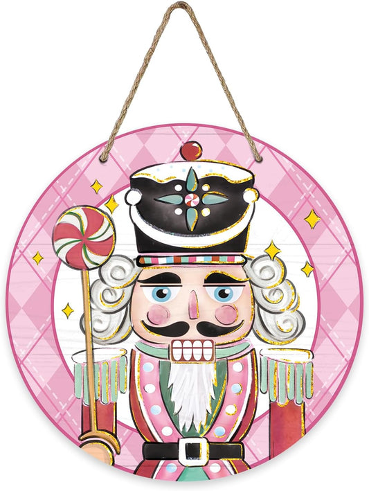 Christmas Nutcracker Front Door Sign, Pink Xmas Soldier Candy Buffalo Plaid Check Wood Door Hanger Outdoor outside Porch Decor, Farmhouse Holiday Wooden Wreath Indoor Wall Hanging Decoration