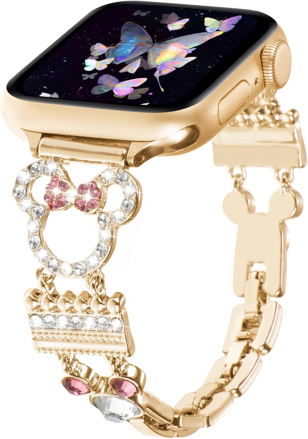 Bling Bracelet Band Compatible with Apple Watch Bands for Women 46Mm 40Mm 41Mm 38Mm 44Mm 45Mm 42Mm 49Mm, Cute Cartoon Dressy Jewelry Charm Metal Strap for Iwatch Ultra 2 Series 10/9/8/7/6/5/4/3/2/1/SE