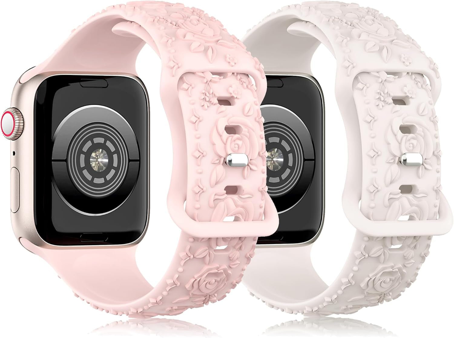 2 Pack Floral Silicone Band for Apple Watch Bands 46Mm 45Mm 44Mm 42Mm(S3) Iwatch Bands Series 10 9 8 7 SE 6 5 4 3 for Women, Cute Fancy Dressy Engraved Strap