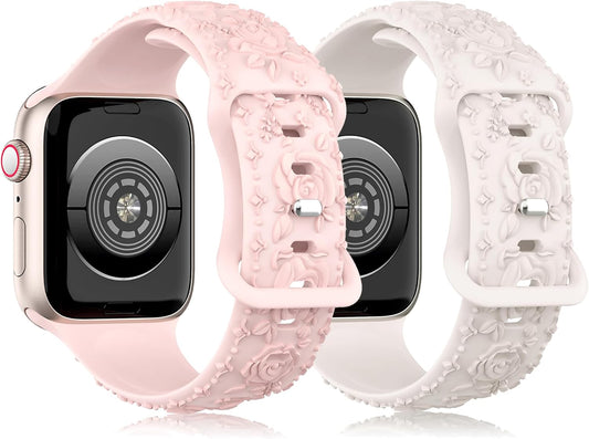 2 Pack Floral Silicone Band for Apple Watch Bands 46Mm 45Mm 44Mm 42Mm(S3) Iwatch Bands Series 10 9 8 7 SE 6 5 4 3 for Women, Cute Fancy Dressy Engraved Strap