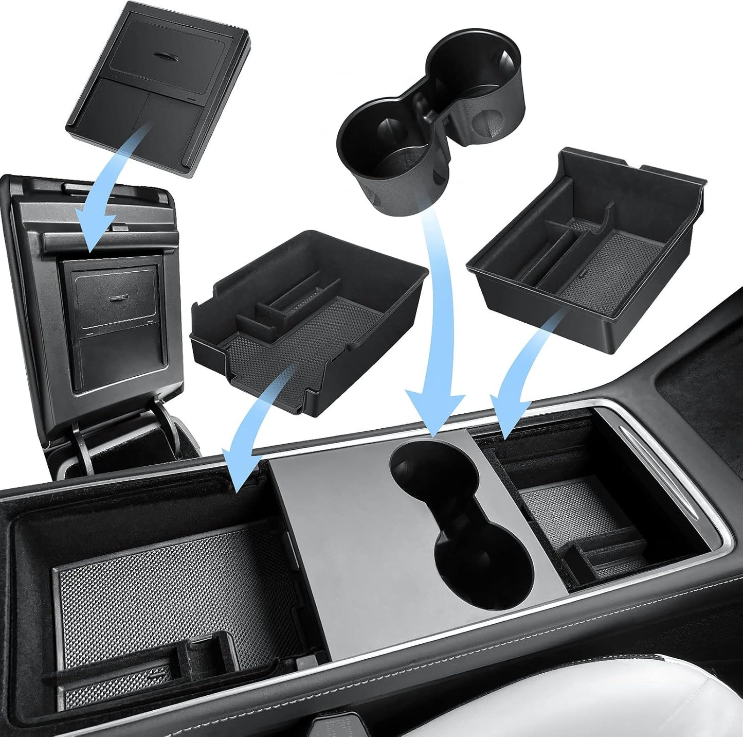 5Pcs 2023 Upgraded Center Console Organizer Tray Compatible for Tesla Model 3 Model Y Accessories 2023 2022 2021 Armrest Hidden Drawer Storage Box 1PC Webcam Cover 1PC Tissue Holder