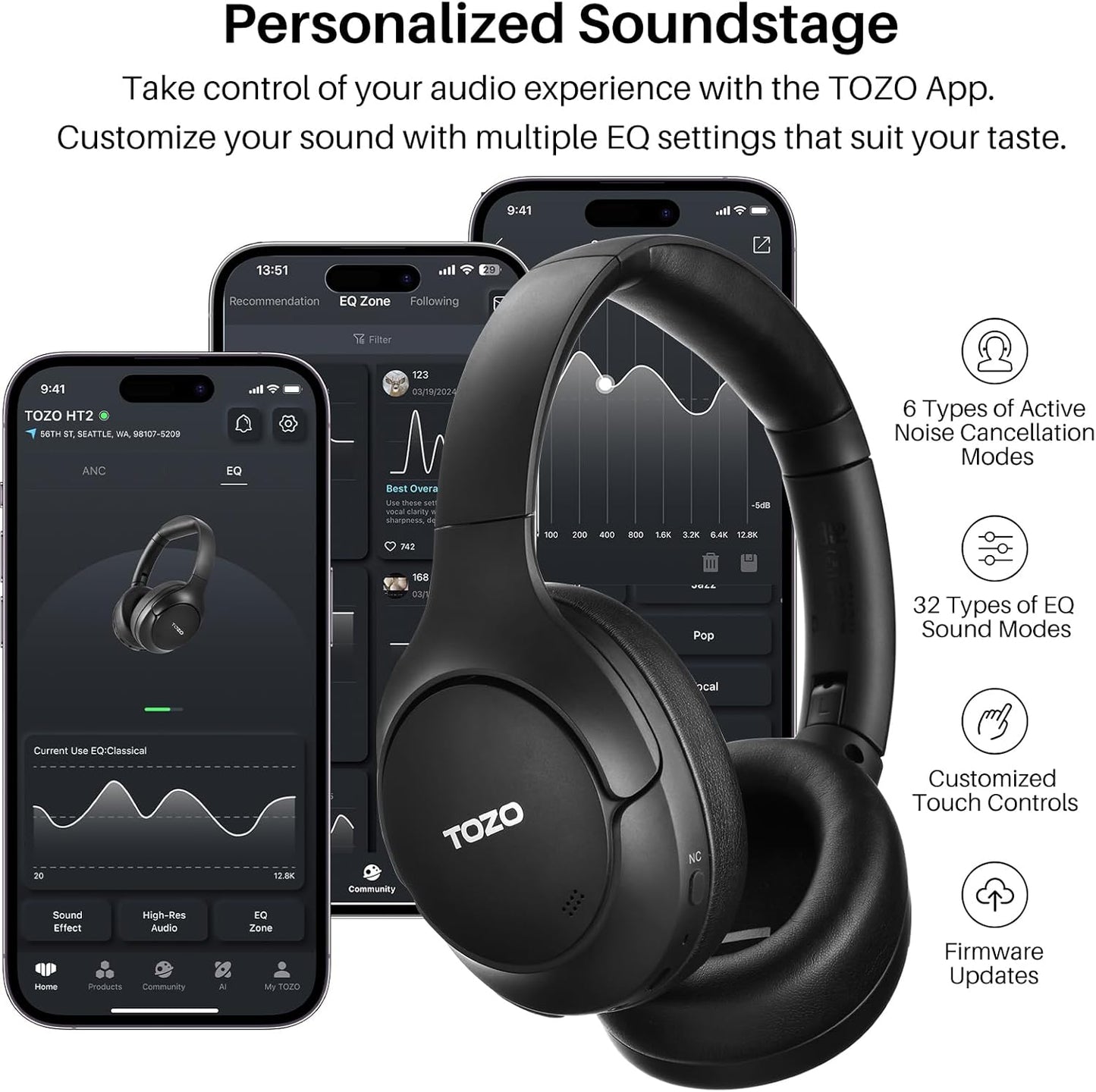 HT2 Hybrid Active Noise Cancelling Headphones, Wireless over Ear Bluetooth Headphones, 60H Playtime, Hi-Res Audio Custom EQ via App Deep Bass Comfort Fit Ear Cups, for Home Office Travel