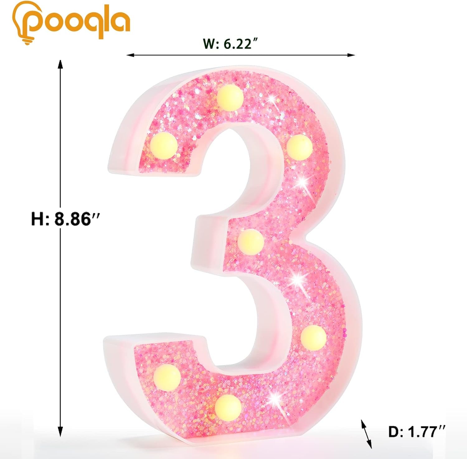 Marquee Numbers Lights, Light up Numbers Battery Powered, Glitter Lighted Numbers for Birthday Party, Shiny LED Numbers for Christmas Wedding Home Bar Decoration, Pink Number 3