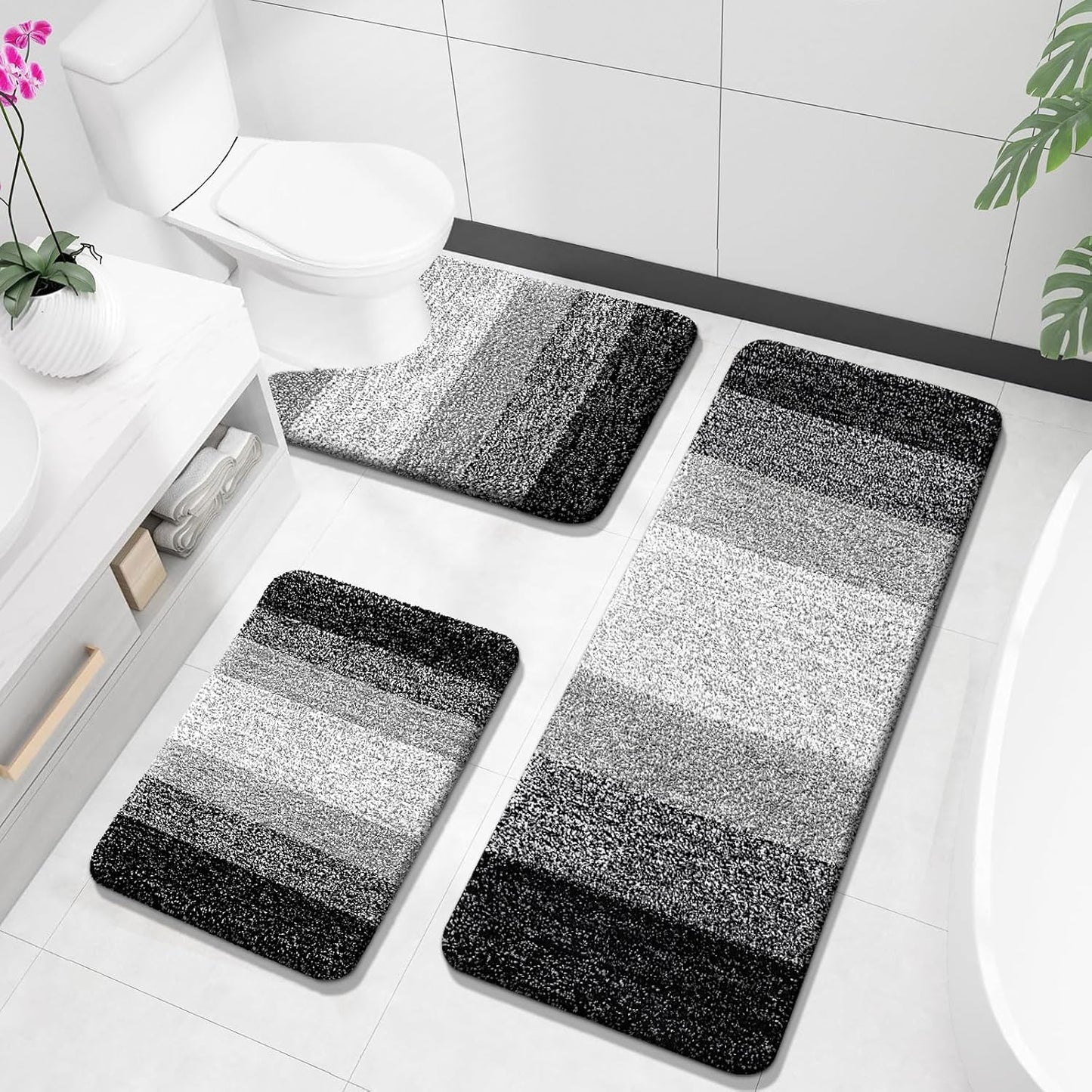 Bathroom Rugs Sets 3 Piece, Soft Absorbent Microfiber Bath Rugs and U-Shaped Contour Toilet Rug Area Rug Set, Non-Slip Bath Carpet, Home Decor Accessories, Bath Mat Set for Bathroom, Black