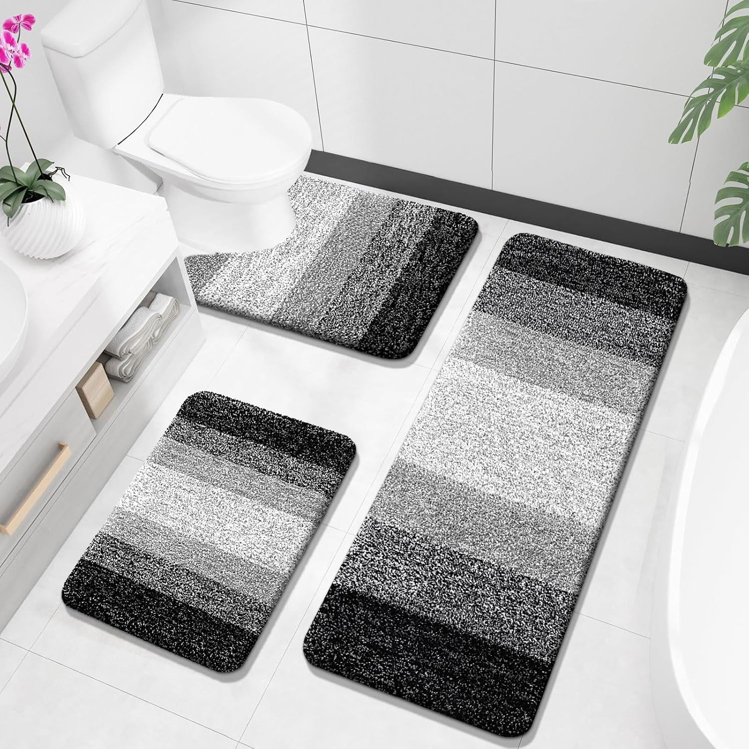 Bathroom Rugs Sets 3 Piece, Soft Absorbent Microfiber Bath Rugs and U-Shaped Contour Toilet Rug Area Rug Set, Non-Slip Bath Carpet, Home Decor Accessories, Bath Mat Set for Bathroom, Black
