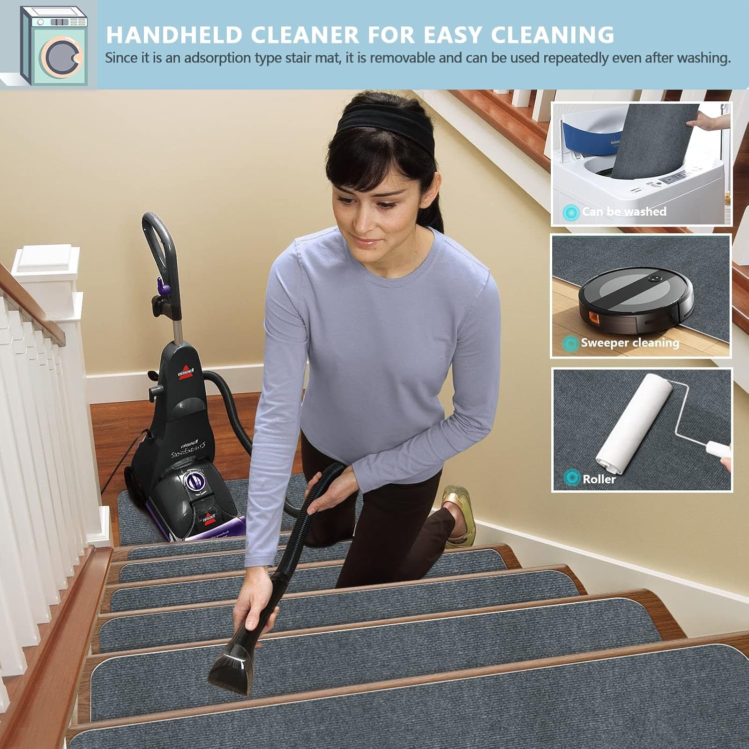 8" X 30" (15 in Pack) Non-Slip Stair Treads Carpet for Wooden Steps, Self-Adhesive Stair Treads Mat, Safety Indoor Stair Runner Mats, anti Slip Stair Rugs for Kids Elders and Dogs，Grey