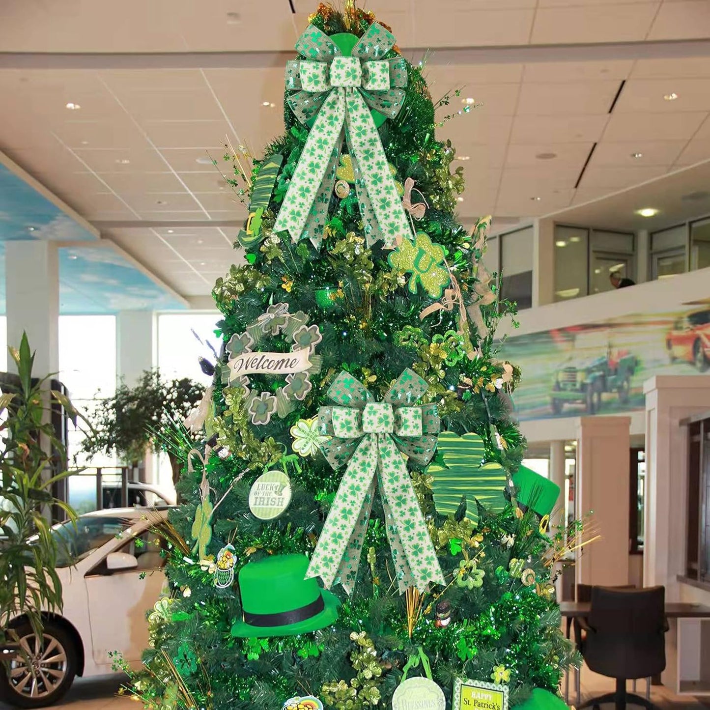 St Patricks Day Bow for Wreath Decorations,St Patricks Day Tree Topper Bows,Large Burlap White Green Glitter Shamrock Bowknot Irish Holiday Crafts Bows for Front Door Outdoor Outside