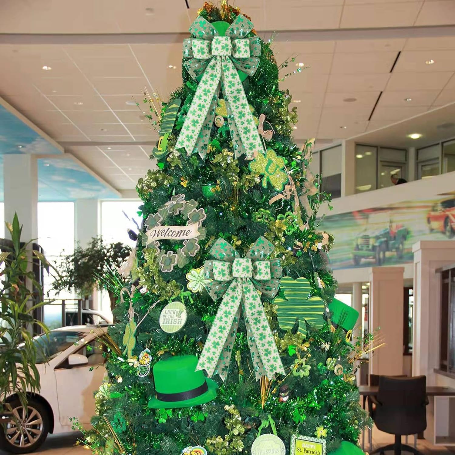 St Patricks Day Bow for Wreath Decorations,St Patricks Day Tree Topper Bows,Large Burlap White Green Glitter Shamrock Bowknot Irish Holiday Crafts Bows for Front Door Outdoor Outside