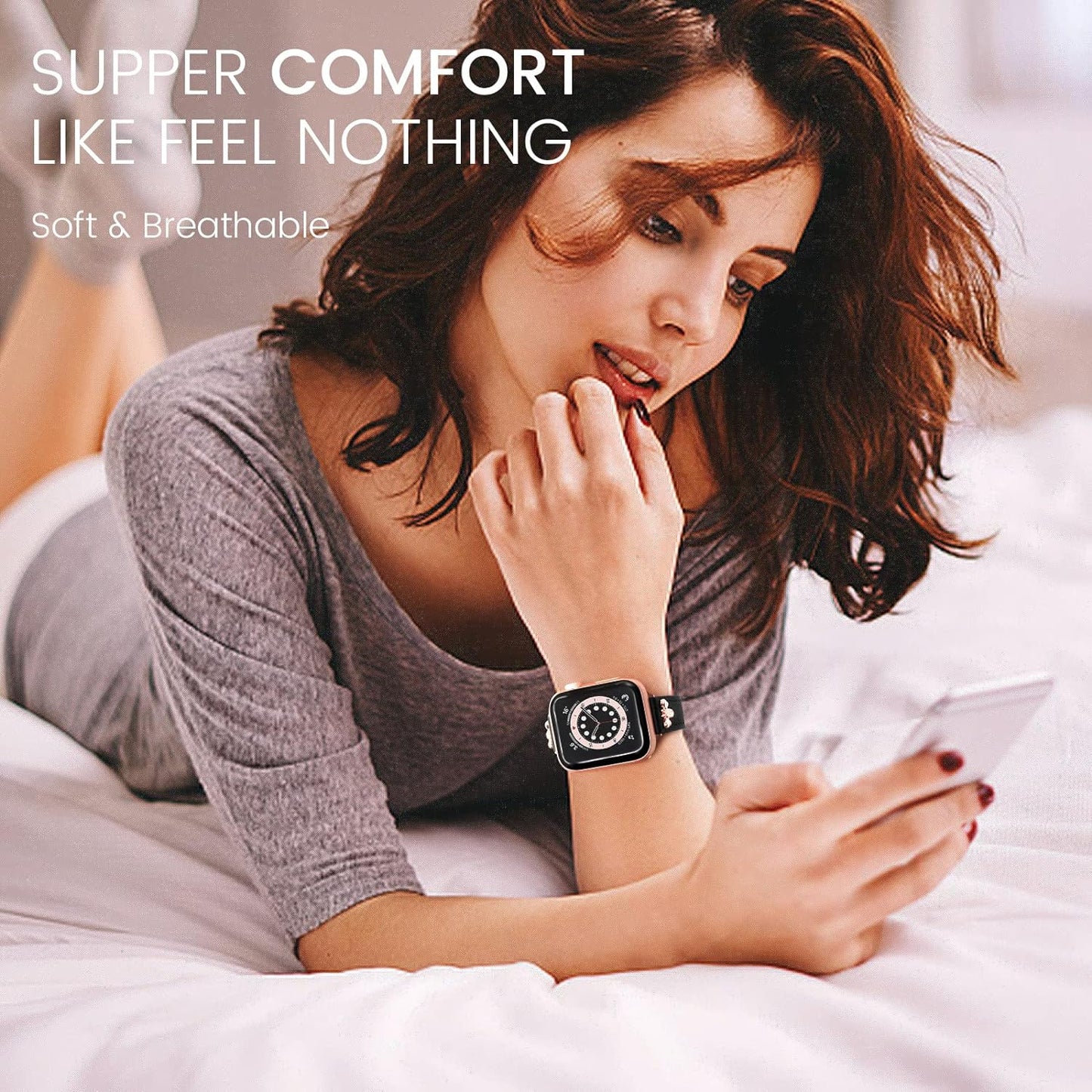 Elegant Slim Leather Bands Compatible with Apple Watch Band 38Mm 40Mm 41Mm 42Mm 44Mm 45Mm 49Mm, Designer Top Grain Black Leather Watch Band with Charms, Feminine Design for Ultra SE & Series 8 7