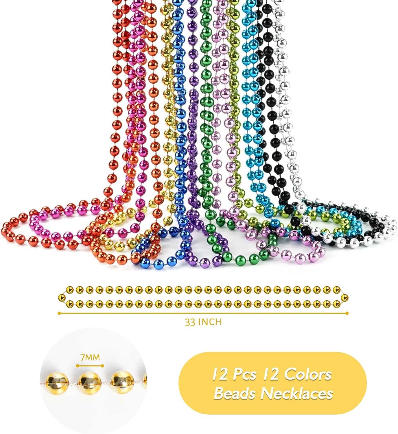 33'' 7Mm Metallic Colors Bead Necklace Bulk, Mardi Gras round Beaded Necklaces for Party Favors Costume Necklace (12 Pcs)