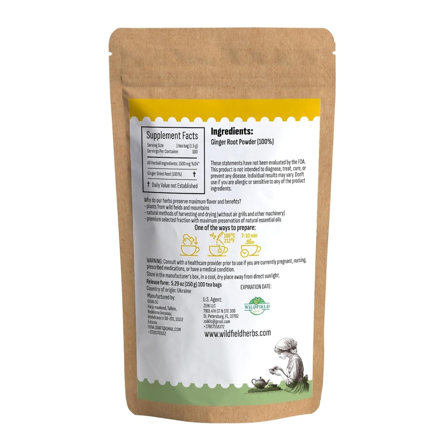 100 Bags Ginger Tea Bags Ginger Root Tea Dry Dried Herb (Zingiber Officinale) - 100 Count 1.5G Tea Bags Ginger Raíz De Jengibre TLBH