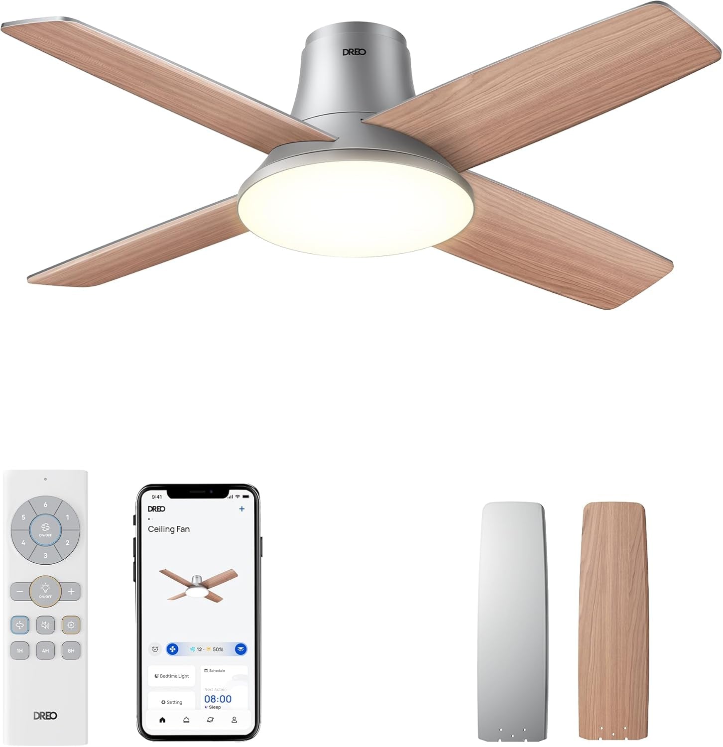 Smart Ceiling Fans with Lights and Remote, 12 Speeds & 3 Fan Modes, Quiet DC Motor, Easy to Install, Dimmable LED Ceiling Fans with App/Alexa Control, 12H Timer for Home, Indoor, Silver, 44''