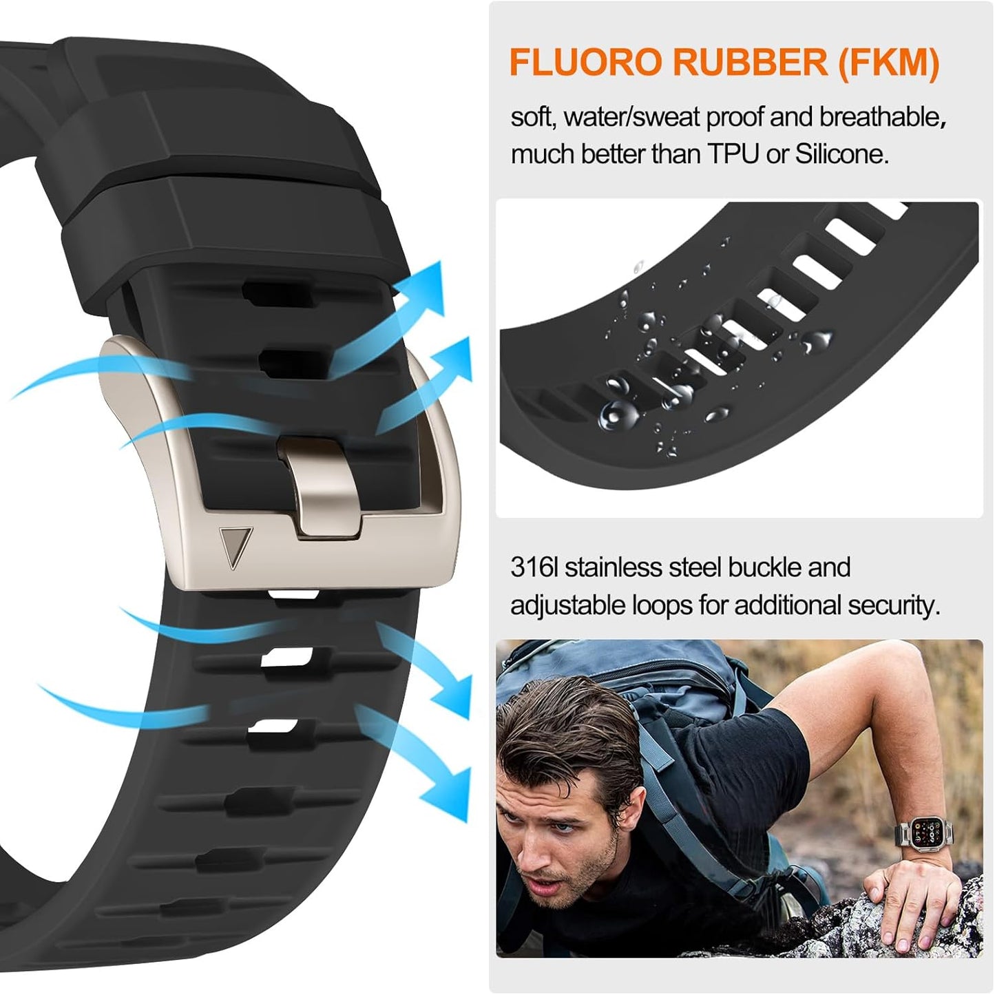 Band for Apple Watch Ultra 2 / Ultra 49Mm, Fluoro Rubber Watchband Stainless Steel Connector Kit Strap for Iwatch Apple Watch SE (2Nd Gen) Series 9 8 7 6 5 4 3 2 1 45Mm 44Mm 42Mm