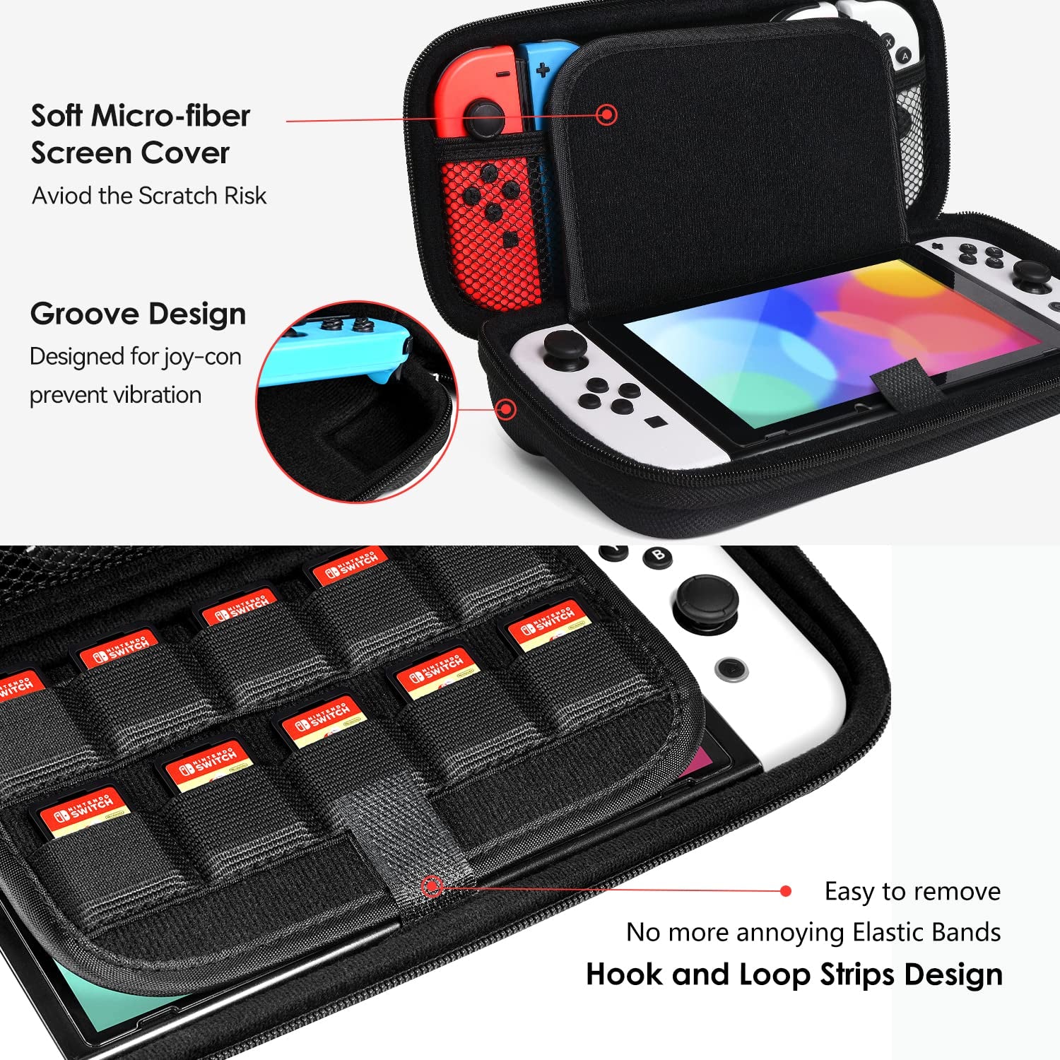 Carrying Case for Nintendo Switch and NEW Switch OLED Model(2021),Portable Hard Shell Pouch Carrying Travel Game Bag for Switch Accessories Holds 10 Game Cartridge (Black)