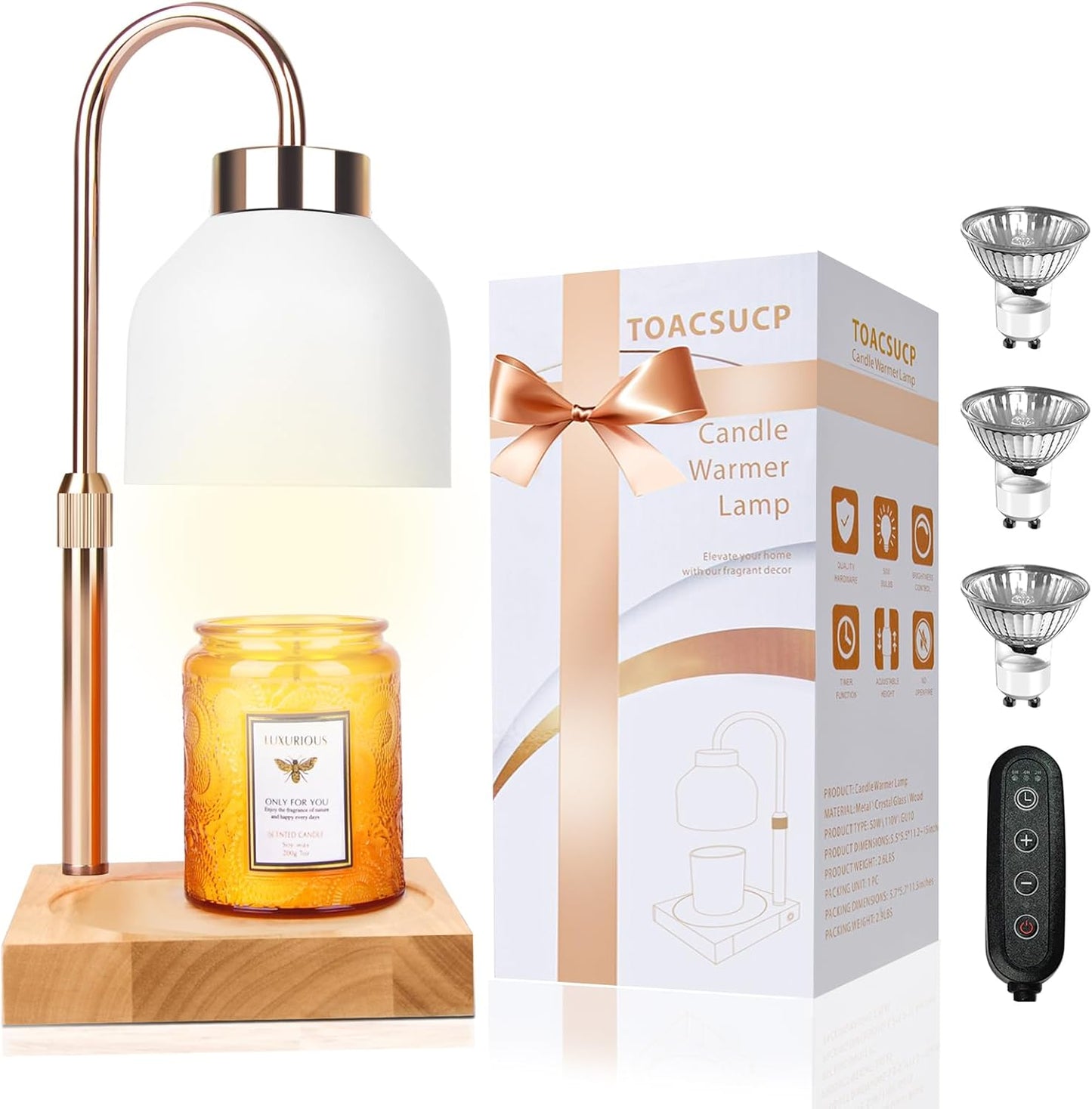 Candle Warmer Lamp with 3 Bulbs, Adjustable Height Dimmable Candle Warmer with Timer, Compatible with Large Jar Candles, Candle Lamp with Charming Gift Box Ribbon for Her/Him(Natural Wood)