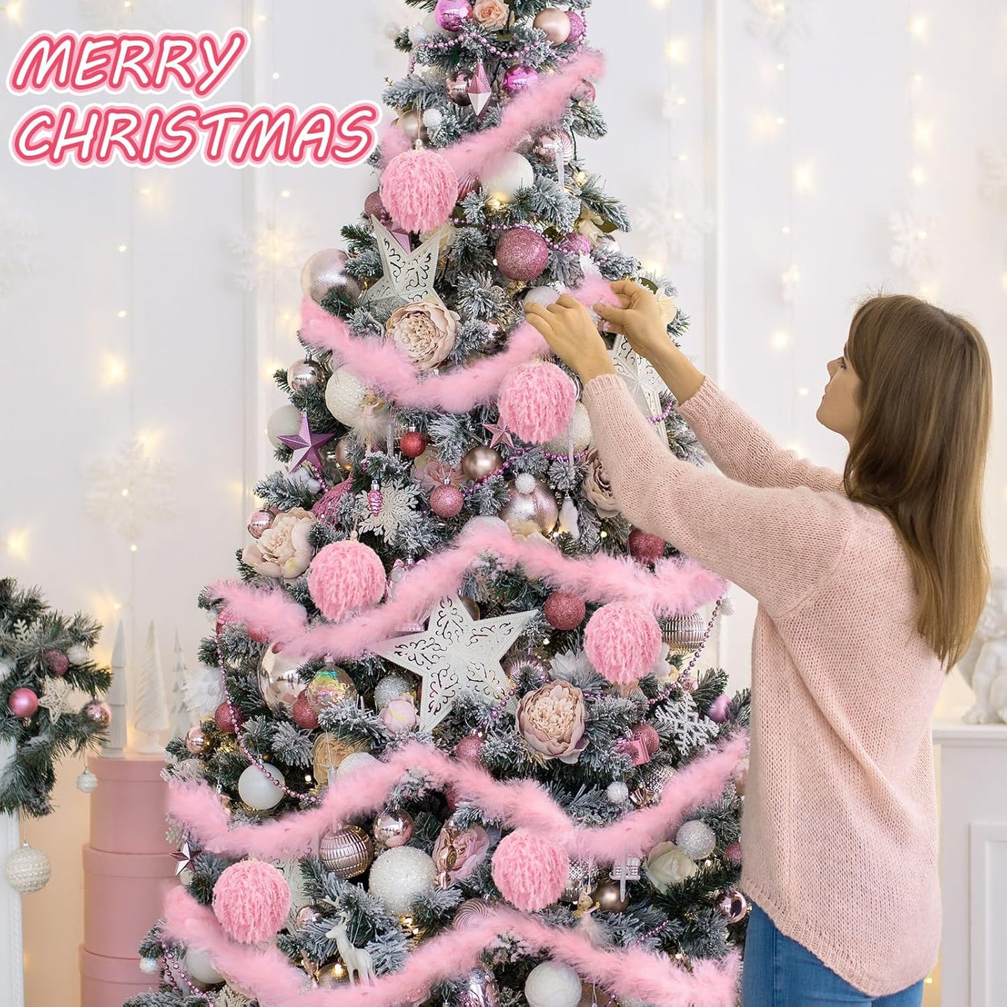 6 Pcs Furry Christmas Ball Ornaments 3.15 Inch Fuzzy Curly Elf Ornaments Ball Christmas Tree Hanging Decorations Soft Pom Pom Ball Xmas Ornament Pendants for Party Supplies(Pink)