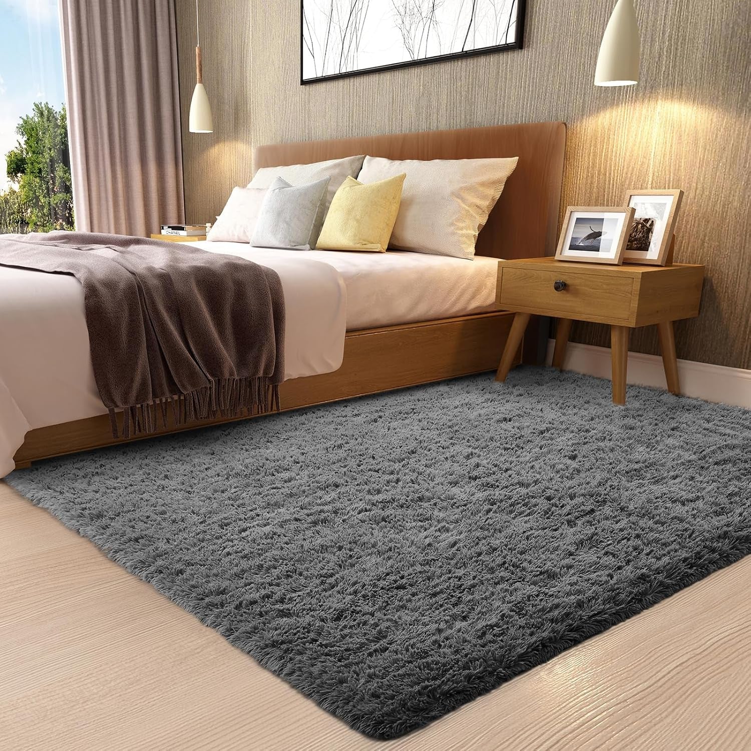 Area Rugs 9X12 Living Room, Large Grey Bedroom Carpet, Big Shag Indoor Thick Soft Nursery Rug, Gray Fluffy Carpets for Boy and Girls Room Dorm Home Decor Aesthetic