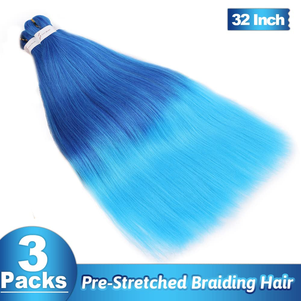 Pre Stretched Braiding Hair 32 Inch Blue Braiding Hair Extensions Yaki Braids Hair Hot Water Setting Synthetic Braiding Hair Pre Stretched Crochet Hair(32Inch,3 Packs,Dark Blue/Light Blue#)