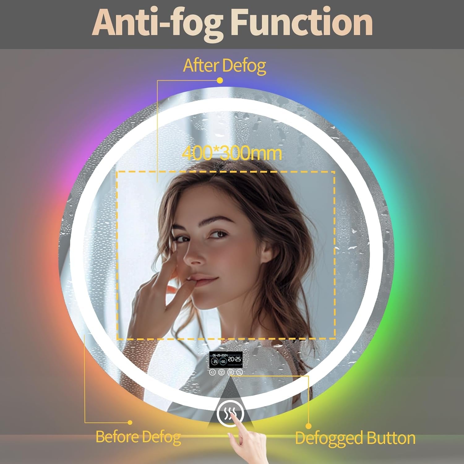 Front Lighted RGB Backlit Bluetooth Mirror: 32 Inch round Dimmable 11 Colors Smart Anti-Fog Bathroom Mirrors with Bluetooth Speaker - Wall Mounted LED Mirror with Digital Display