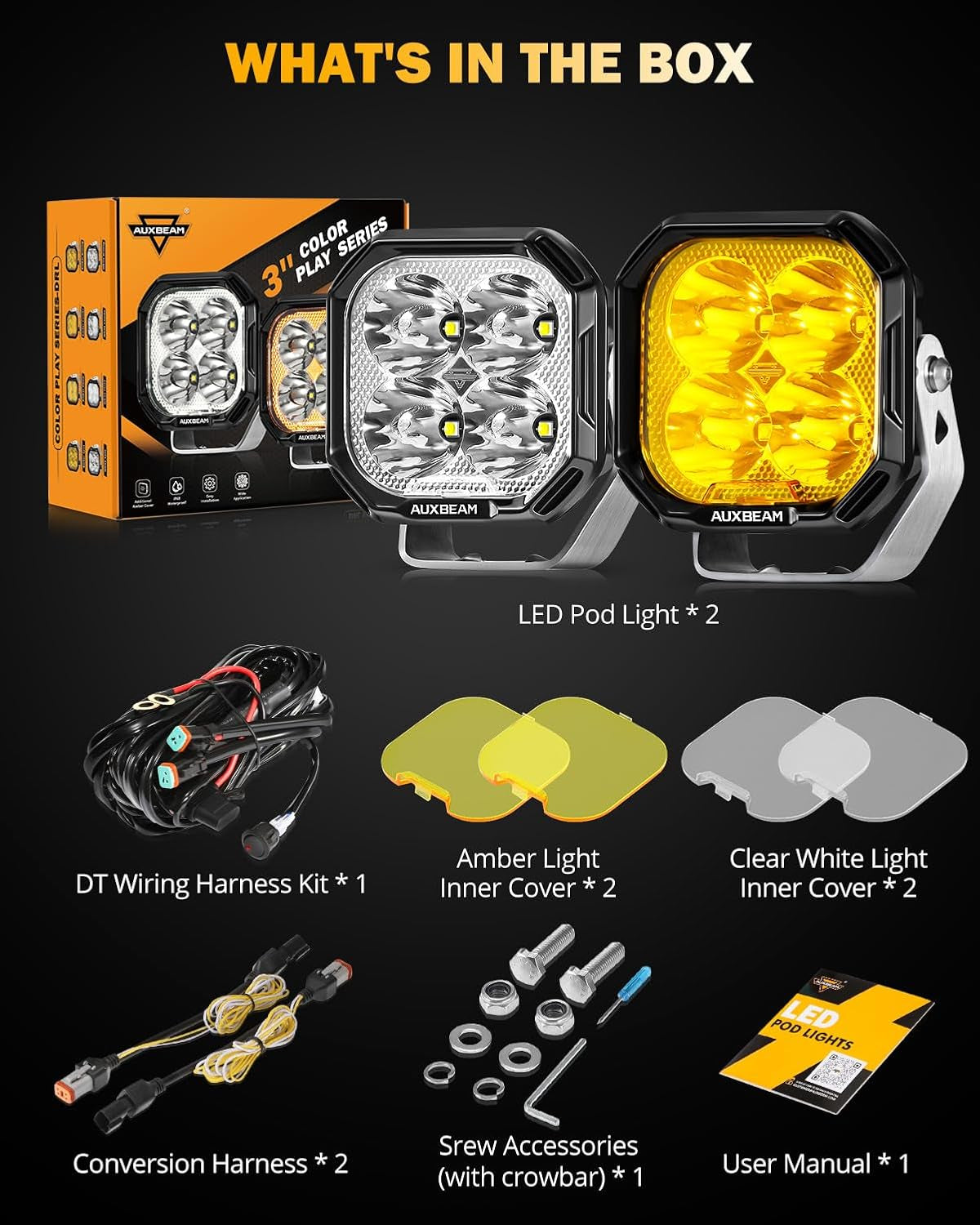 Color Play Series 3 Inch LED Pod Lights, 100W 11600LM Amber White LED Cube Spot Light Offroad Driving Ditch Lights with DRL & Turn Signal, Fog Lights for Trucks Jeep Ford UTV ATV, Pair
