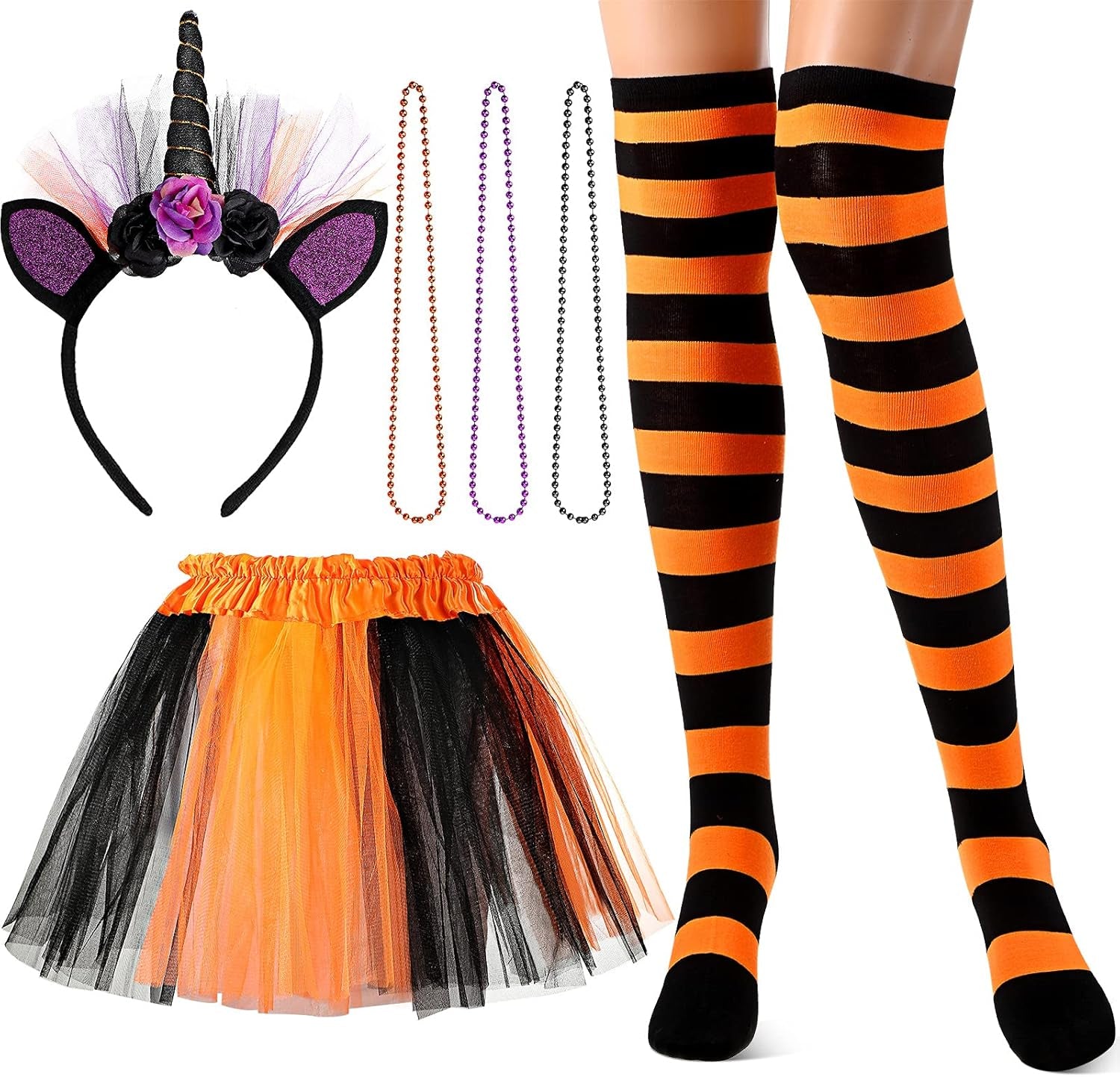 Halloween Unicorn Costume Set Included Unicorn Headband Tutu Skirt Striped Thigh High Socks Purple Orange Black Beaded Chains for Halloween Cosplay Party