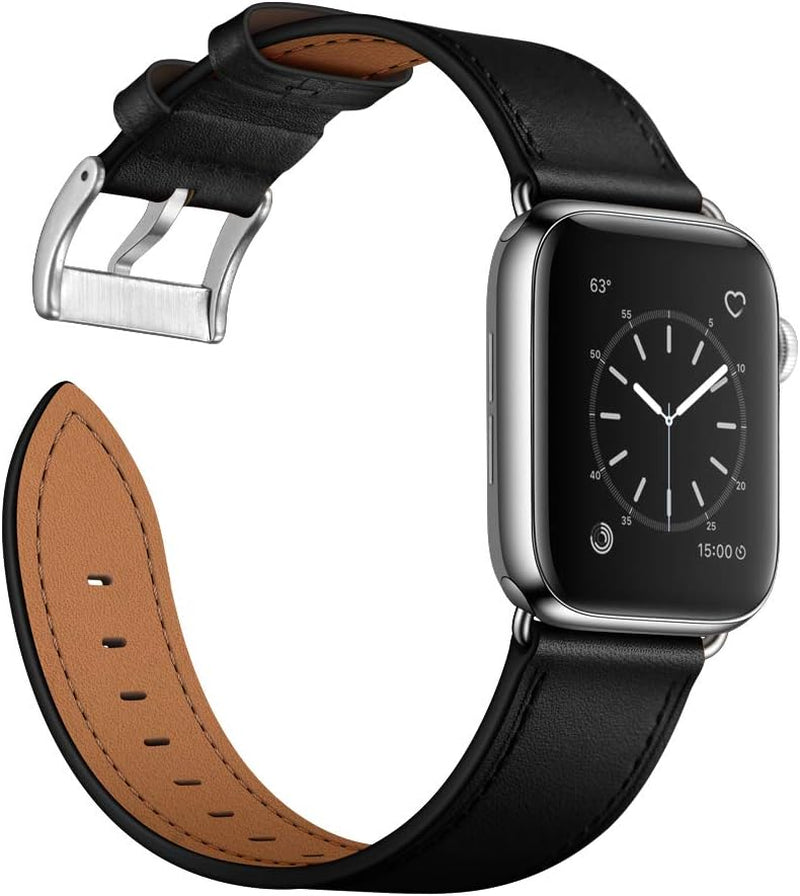 Compatible with Apple Watch Band 49Mm 46Mm 45Mm 44Mm 42Mm(Series 3 2 1), Genuine Leather Band Replacement Strap Compatible with Apple Watch (Black+Black/Silver)