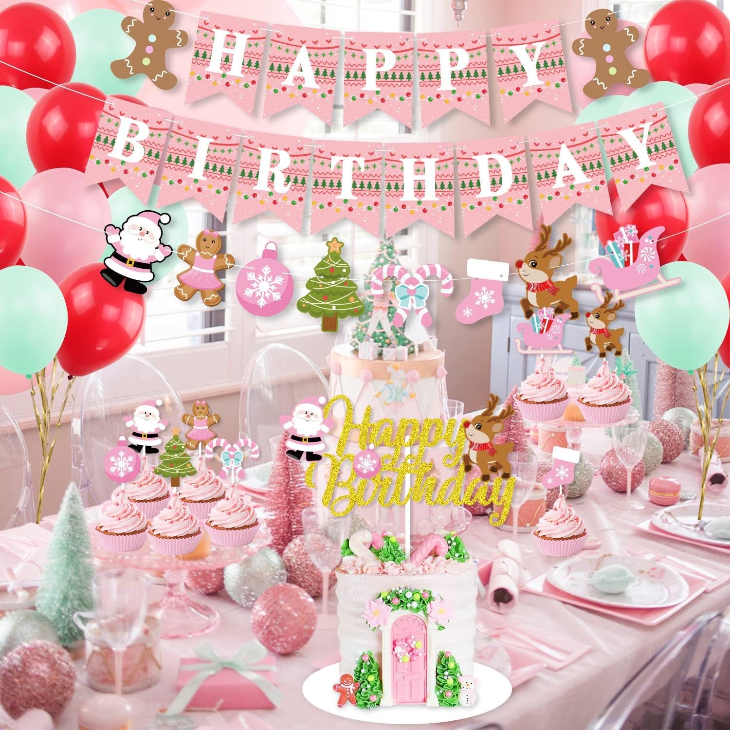 Pink Christmas Birthday Decorations,Gingerbread Man Theme Happy Birthday Banner Santa Claus Cake Topper Latex Balloons for Christmas Birthday Party Supplies