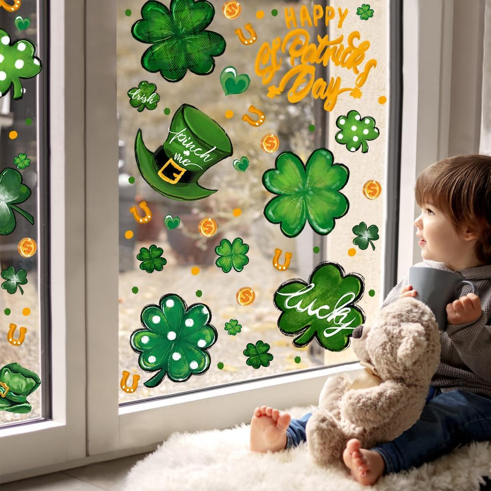 6 Sheets St. Patrick'S Day Window Clings, Extra Large Good Luck Shamrock Window Decals Stickers for St. Patrick'S Day Glass Home Decor and Spring Window Decoration