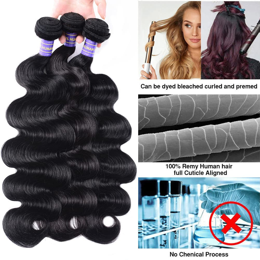 Human Hair Bundles with Closure (22 24 26+20，Free Part) Body Wave Bundles with Lace Closure Brazilian Human Hair Weave Bundles with Closure Virgin Hair Weft 150% Density Natural Color