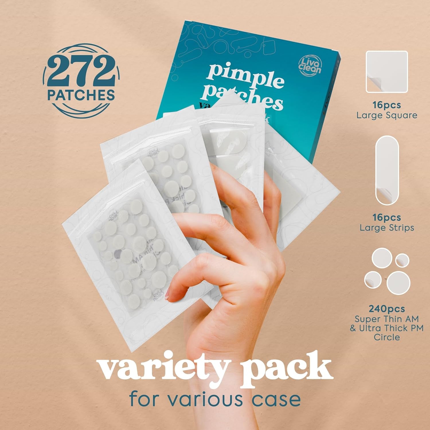 272 CT Pimple Patches Variety Pack W/Tea Tree Oil, Salicylic Acid & Calendula Oil - Pimple Patches Large, Large Acne Dressing for Face Acne Patch XL, Hydrocolloid Patch