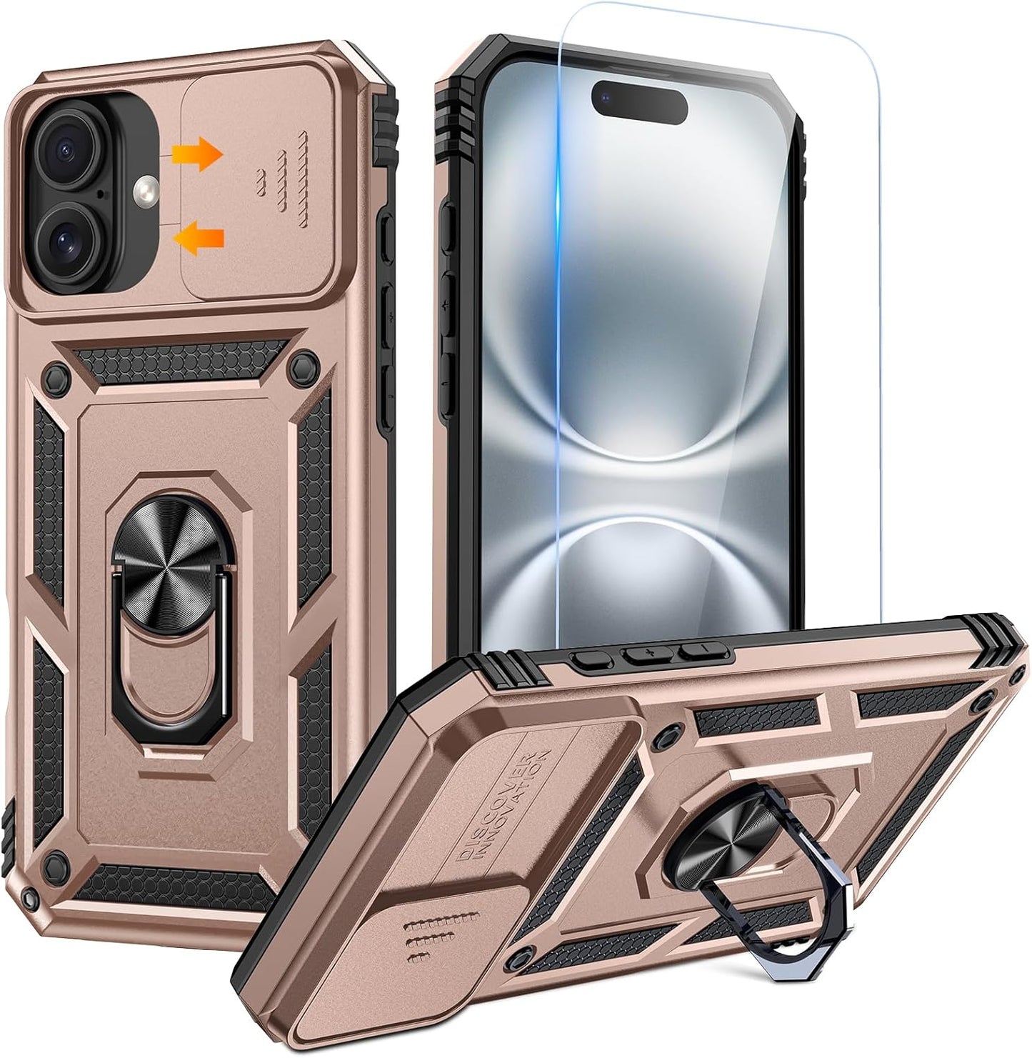 Compatible for Iphone 16 Case with Screen Protector - Slide Camera Cover Protective Phone Case with Ring Stand, Heavy Duty Shockproof Rugged Bumper for Iphone 16 Accessories Blue