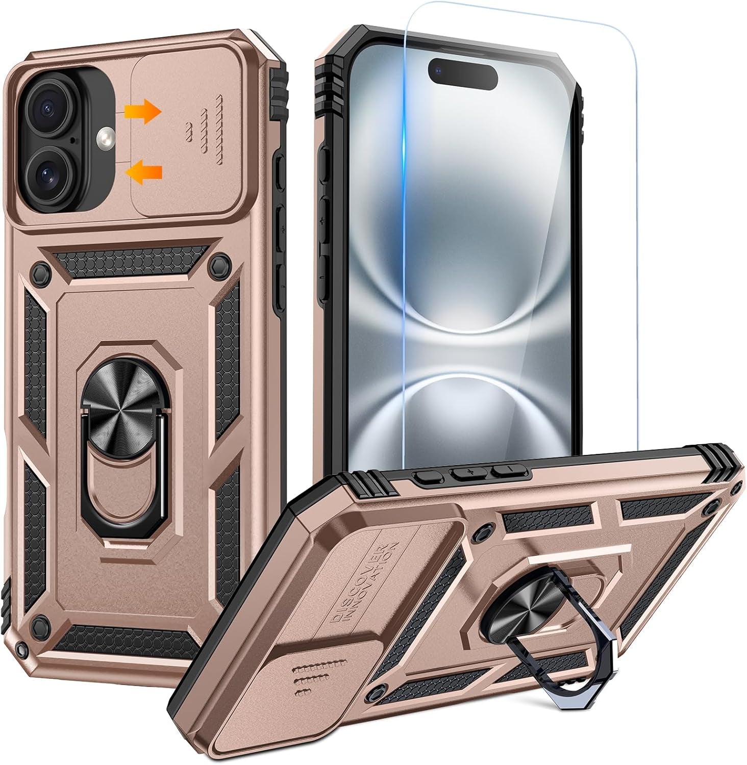 Compatible for Iphone 16 Case with Screen Protector - Slide Camera Cover Protective Phone Case with Ring Stand, Heavy Duty Shockproof Rugged Bumper for Iphone 16 Accessories Blue